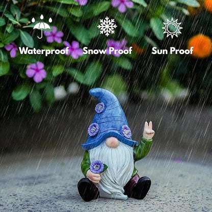 Peace Gnome Garden Statue - Original Design - Blue Peace Gnome Design for Yard, Lawn, Patio, Porch - Weatherproof Resin Garden Decoration - Solar Light - Outdoor Decor & Unique Gnome Gift for Women