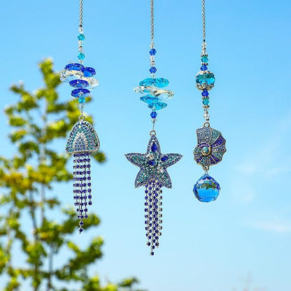 H&D HYALINE & DORA 3pcs Rhinestones Crystal Suncatcher Indoor Window Hanging Pendants, Sun Catchers Rhinestones Starfish Jellyfish Conch with Beads Prism Decor Wedding Garden Porch Ornament