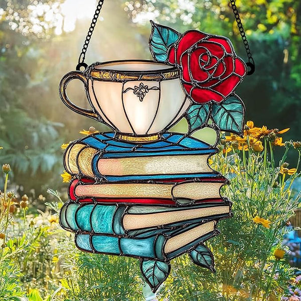 Teacup Books Bookish Acrylic Suncatcher, Book Suncatchers for Window Hangings, Bookish Gifts for Readers Book Lovers Bookworm, Gift for Mother's Day, Women, Mom, Wife, Grandma
