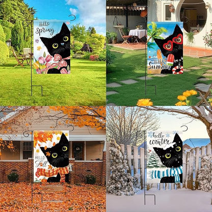 Seasonal Garden Flags Set of 11 Double Sided 12 x 18 Inch Cute Black Cat Yard Flags, Small Flags for Outside, Spring 4th of July Easter Outdoor Flags, Holiday Garden Flags for All Seasons