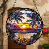 DASTOLL Stained Glass Window Hanging,Bonfire Beach Landscape Suncatcher Diamond Glass Panel Sun Catchers Decor for Birthday for Women, Men, Wife, Aunt, and Mom 9.8 in