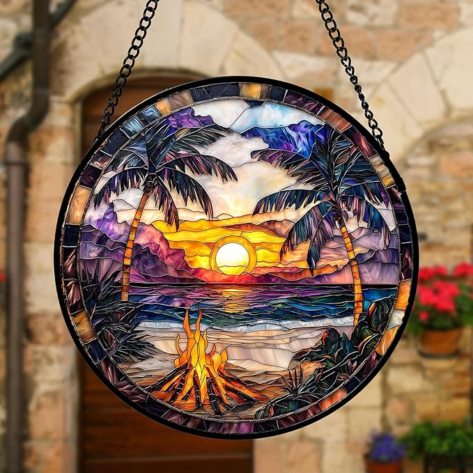 DASTOLL Stained Glass Window Hanging,Bonfire Beach Landscape Suncatcher Diamond Glass Panel Sun Catchers Decor for Birthday for Women, Men, Wife, Aunt, and Mom 7.8 in