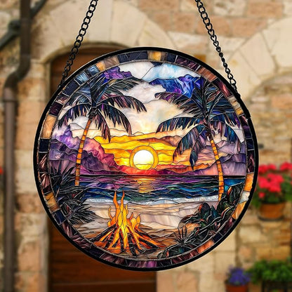 DASTOLL Stained Glass Window Hanging,Bonfire Beach Landscape Suncatcher Diamond Glass Panel Sun Catchers Decor for Birthday for Women, Men, Wife, Aunt, and Mom 7.8 in