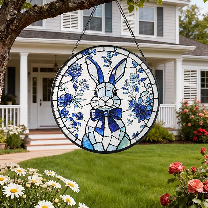 Stained Glass Window Hanging, Rabbit Circular Painted Glass Suncatcher with Chain & Suction Cup for Home Garden Door Decor, Birthday for Women Men Mom 7.8 in