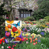 Louise Maelys Welcome Spring Floral Garden Flag 12x18 Double Sided, Burlap Small Vertical Summer Butterfly for Yard Seasonal Outside Outdoor House Decoration
