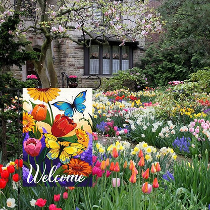Louise Maelys Welcome Spring Floral Garden Flag 12x18 Double Sided, Burlap Small Vertical Summer Butterfly for Yard Seasonal Outside Outdoor House Decoration