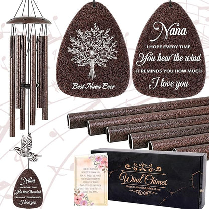Nana Gifts Wind Chimes - Metal Hummingbird Windchimes with Card Indoor Outdoor Hanging Decor Best Grandma Gift from Grandkids for Appreciation Grandparents Day Christmas New Year Birthday