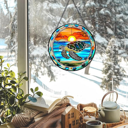 Sea Turtle Stained Glass Window Hanging Suncatchers, Coastal Ocean Sun Catchers Indoor Window Glass Wall Art Decor, Ocean Beach Wall Hanging Decorations Sculptures, Sea Turtle Gift, 7.9x7.9in