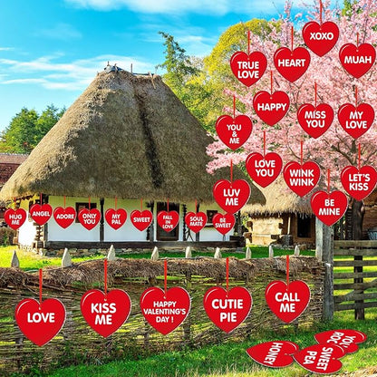 Rtteri 30 Pieces Valentine's Day Outdoor Hanging Heart Ornaments 6 Inch Romantic Conversation Hearts Double-Sided Plastic Lawn Heart Hanging Decor for Valentine Wedding Porch Tree Yard Lawn Decor