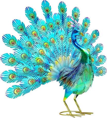 27.5" Metal Peacock Garden Statue with Tail Spread, Handmade 3D Textured Peacock Garden Sculptures Metal Yard Art for Patio, Garden or Entryway