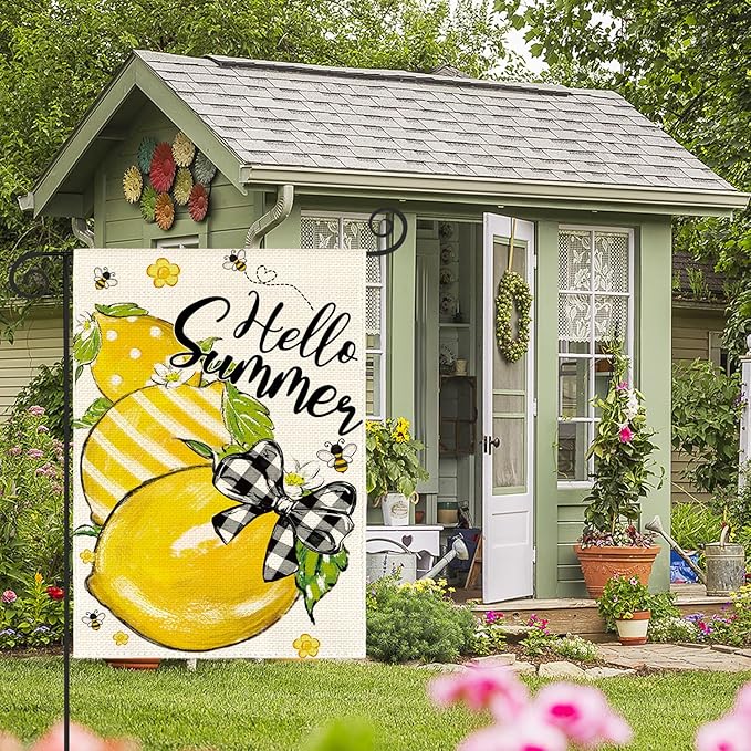 AVOIN colorlife Hello Summer Garden Flag 12x18 Inch Double Sided Outside, Lemon Bee Rustic Seasonal Yard Outdoor Flag