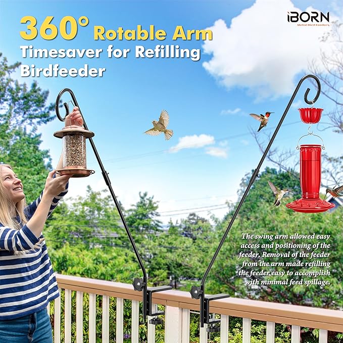 iBorn Deck Hook for Bird Feeder, Hummingbird Feeder Hanger for Deck Railing, Heavy Duty Deck Hanger for Outdoors Hanging, 360° Rotatable Arm, Solid Wire, 28 Inch, Pack of 2