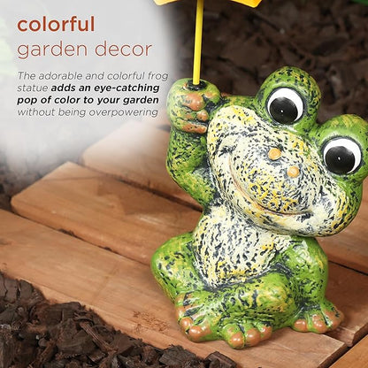 Alpine Corporation QWR1010HH 12" Tall Garden Frog Statue - Sitting Jolly Frog with Yellow Umbrella Decoration – Ceramic Yard & Patio Decor – Durable Lawn Sculpture