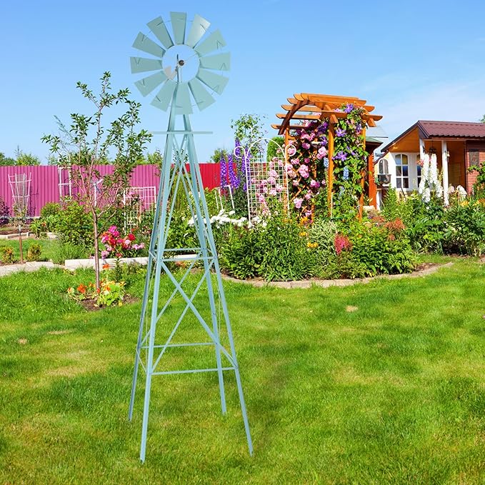 Metal Windmill for Garden Yard Decor, 8ft Tall Windmill Pinwheels Outdoor with Spinning Blades, Weather Vanes Lawn Ornaments, Weather-Resistant, Blue