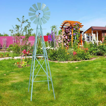 Metal Windmill for Garden Yard Decor, 8ft Tall Windmill Pinwheels Outdoor with Spinning Blades, Weather Vanes Lawn Ornaments, Weather-Resistant, Blue