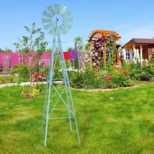 Metal Windmill for Garden Yard Decor, 8ft Tall Windmill Pinwheels Outdoor with Spinning Blades, Weather Vanes Lawn Ornaments, Weather-Resistant, Blue