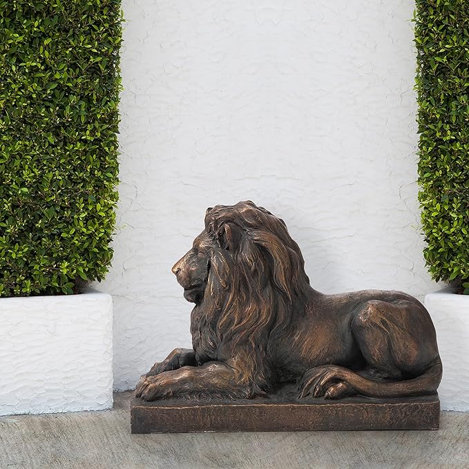 Glitzhome GH20388 Guardian Lion Garden Statue Outdoor Sculpture Decorative, Bronze, 21.75" L x 15.25" H