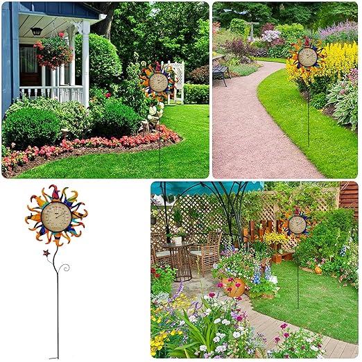 Metal Sun Thermometer Indoor Outdoor Ornament Wall Art Decor, Sun Plaque Sculpture Hanging Mounted for Living Room Bedroom Kitchen Patio for Home or Garden, No Battery Required (ORANGE SUN STAKE)