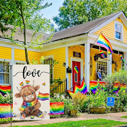 Heyfibro Love Cute Highland Cow Pride Garden Flag 12x18 Double Sided Burlap, Rainbow Heart Pattern Gay Lesbian LGBT Pansexual Yard Banner for Pride Month Outdoor Decoration (ONLY FLAG)