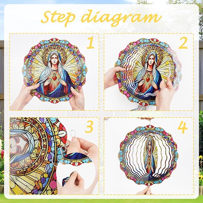 Hanging Wind Spinners Outdoor, 3D Kinetic Metal Wind Spinner with Virgin Mary Sacred Heart Design for Garden Yard Decor, Catholic Gifts for Women Sympathy Memorial