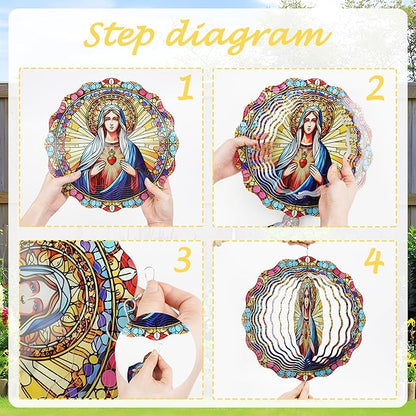 Hanging Wind Spinners Outdoor, 3D Kinetic Metal Wind Spinner with Virgin Mary Sacred Heart Design for Garden Yard Decor, Catholic Gifts for Women Sympathy Memorial