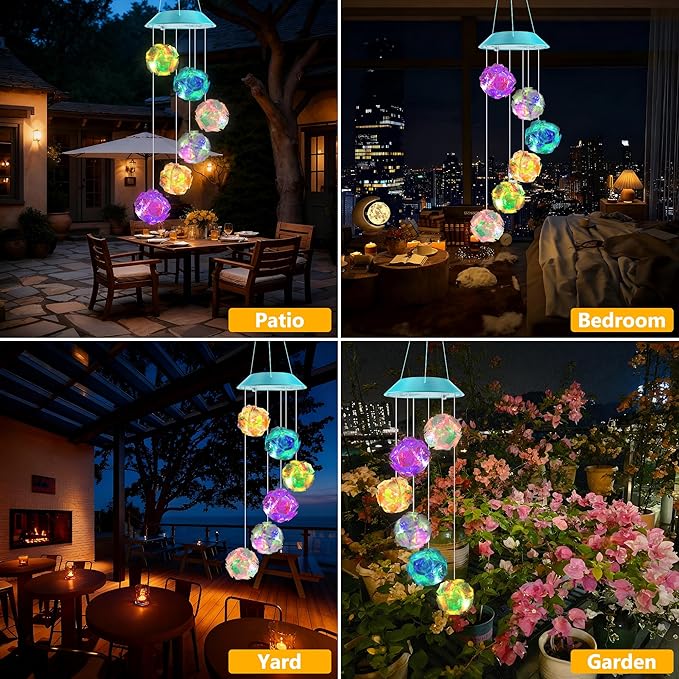 Zeiliuled Solar Wind Chime,Color Changing Colorful Ball Wind Chimes, LED Decorative Mobile, Gifts for Mom Grandma,Waterproof Outdoor Solar Lights for Garden, Patio, Yard, Window, Outdoor Decorations