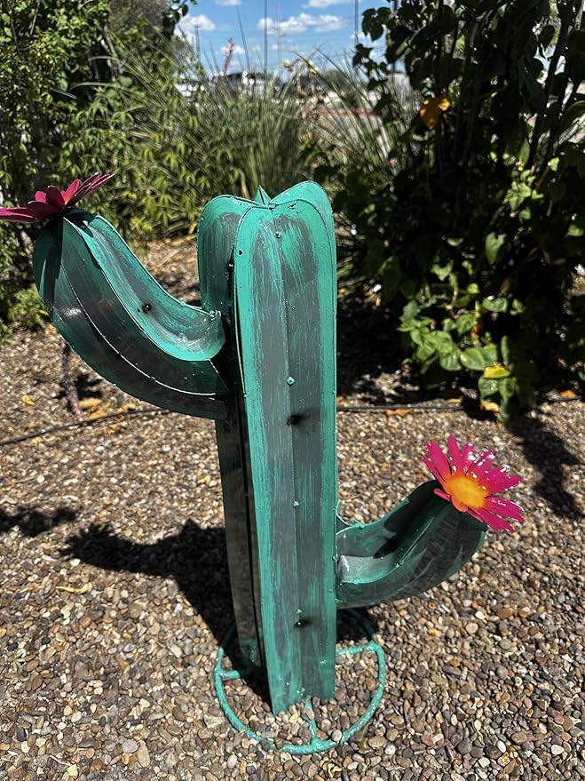 Colorful Metal Saguaro Cactus with Flowers - Handmade Garden Decor (Turquoise)