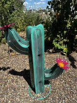 Colorful Metal Saguaro Cactus with Flowers - Handmade Garden Decor (Turquoise)