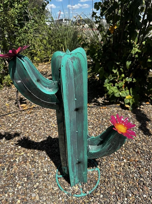 Colorful Metal Saguaro Cactus with Flowers - Handmade Garden Decor (Turquoise)