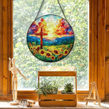 Christian Cross Suncatcher Garden Stained Glass Window Hanging, Christian Sunset Flower Sun Catchers Indoor Window Glass Round Wall Decor, Religious Wall Art Hanging Decorations, ＂7.8x7.8＂