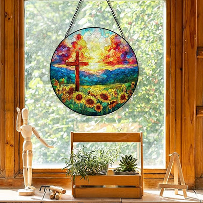 Christian Cross Suncatcher Garden Stained Glass Window Hanging, Christian Sunset Flower Sun Catchers Indoor Window Glass Round Wall Decor, Religious Wall Art Hanging Decorations, ＂7.8x7.8＂