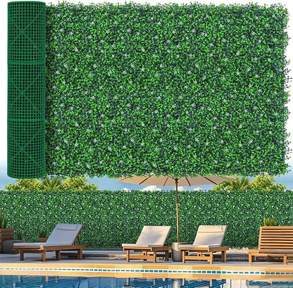 Grooy 48"x 144"(47 sq.ft) Artificial Boxwood Roll Panels with Flowers, UV-Anti Faux Ivy Leaves Privacy Fence Screen, Grass Wall Roll Panels for Indoor Home Decor and Outdoor Garden Backyard