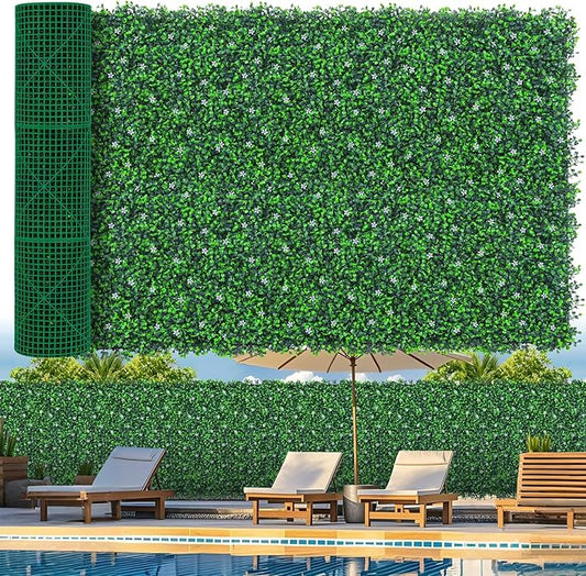 Grooy 60"x 120"(50 sq.ft) Artificial Boxwood Roll Panels with Flowers, UV-Anti Faux Ivy Leaves Privacy Fence Screen, Grass Wall Roll Panels for Indoor Home Decor and Outdoor Garden Backyard