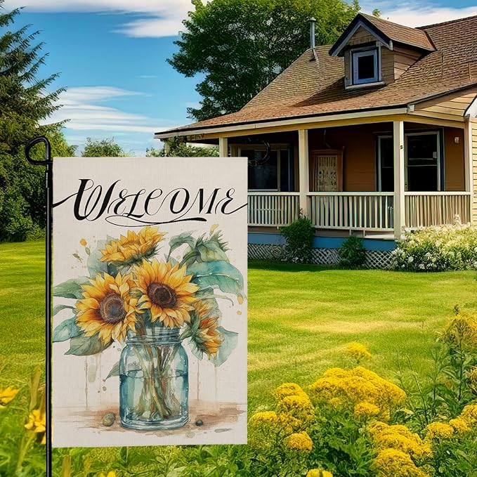 Summer Sunflower Garden Flag 12x18 Inch Double Sided Welcome Flower Vase Vertical Seasonal Yard Flags for Outdoor Yard Lawn Home Decoration
