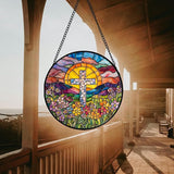Stained Glass Window Hanging - Cross Flower Sea Sun Catcher for Door Terrace Garden Home Decor, Mountains Landscape Suncatcher Birthday Gifts for Lovers Women Men Dad Mom Nana 9.8 in