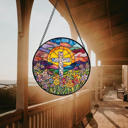 Stained Glass Window Hanging - Cross Flower Sea Sun Catcher for Door Terrace Garden Home Decor, Mountains Landscape Suncatcher Birthday Gifts for Lovers Women Men Dad Mom Nana 9.8 in