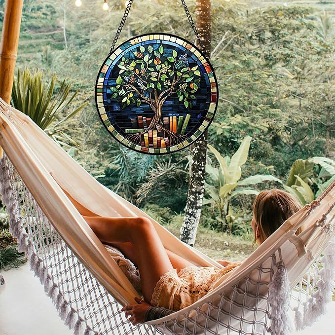 Stained Glass Window Hanging Green Life Tree Berry Book 6.3" - Blue Suncatcher Door Garden Sun Catcher Home Decor Birthday Christmas for Mom Men Woman Nana Friend