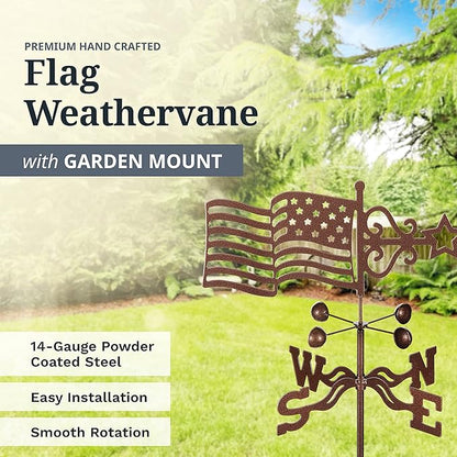 EZ Vane Steel USA Flag Weathervane 80” Height, Includes Metal Garden Mount, Wind Cups & Brackets | Hand-Crafted and Family-Owned, Made in The USA with Triple Powder Coating, Limited