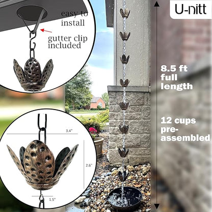U-nitt Rain Chain Water Collection for Gutters Rainwater Catcher & Diverter, 8.5 FT Chains for Outside Garden, Copper Lily Cups, Roof Downspout, Works with Heavy Rain, w/Gutter Clip for Rainchains