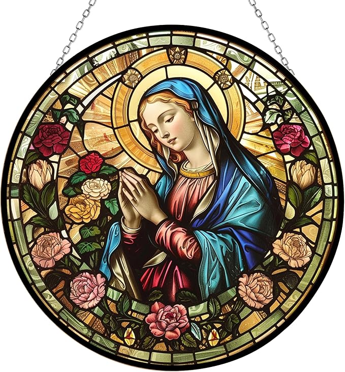 Personalized Virgin Mary Stained Glass Window Hanging by Clare Donovans Stained Glass Suncatcher Birthday Gift for Mom Grandma Teacher Women Friend Memorial Hook