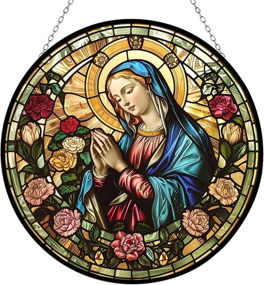 Virgin Mary Stained Glass Window Hanging Stained Glass Suncatcher Birthday Gift for Mom Grandma Teacher Women Friend Memorial Hook