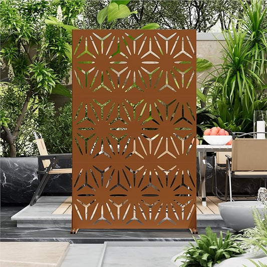 Metal Privacy Screen for Outdoor Freestanding Privacy Screens, 72" H x 44" W Patio Fence Panels with Stand, Portable Brown 3 Panel Screens for Outside Deck Balcony Garden and Indoor