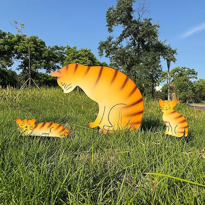 Metal Cat Family 3 Pack Garden Statues, Outdoor Decorative Silhouette Stakes for Yard and Patio Lawn Ornaments - Animal Sculpture Art (Orange)