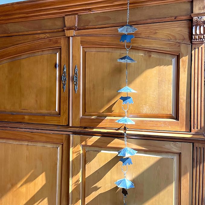 Verdigris Umbrella & Black Bear Rain Chain - 75 inches Long with 10 3D Designs, Weighted Bell for Wind Chime Sound - Eco-Friendly Water Collection or Downspout Replacement