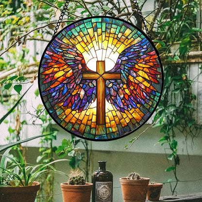 DASTOLL Stained Glass Window Hanging - Jesus Cross Wings Suncatcher Ready to Hang Window Doors Home Decoration and Christmas, Mother's Day Birthday Gifts for Women, Men, and Mom 14.9x14.9 in