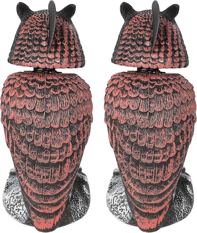 Hausse 2 Pack Fake Owl Decoys to Scare Birds Away, Rotating Head Plastic Owl Bird Deterrents, 10.6 Inch Height Bird Scarecrow Nature Enemy Horned Pest Repellent for Outdoor Garden Yard