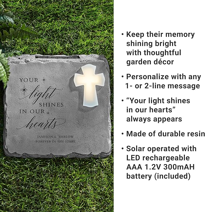 Let's Make Memories Personalized Memorial Garden Stone - Engraved Sympathy Garden Marker - Condolences - Solar Cross - Your Light Shines