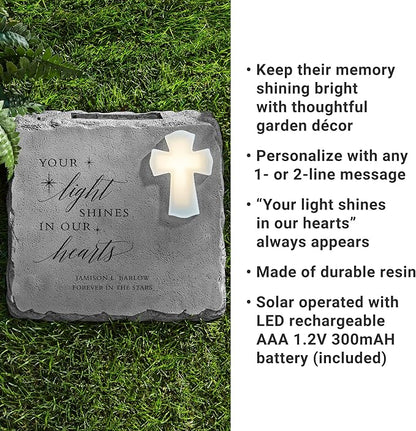 Let's Make Memories Personalized Memorial Garden Stone - Engraved Sympathy Garden Marker - Condolences - Solar Cross - Your Light Shines