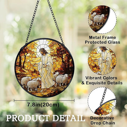 Christian Jesus and Lamb Suncatchers Stained Glass Window Hanging, Jesus Religious Sun Catchers Indoor Window Glass Round Wall Decor, Christian Wall Hanging Decorations, 7.9x7.9in