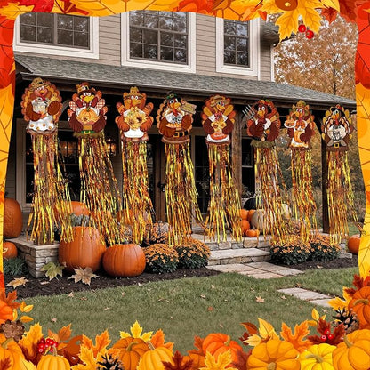 DoubleFill 8 Pcs Thanksgiving Turkey Outdoor Hanging Decorations with Tassels Fall Harvest Yard Decoration Windsocks for Outside 3.3ft Signs for Wall Home Lawn Yard Tree Party Supplies Garden Decor